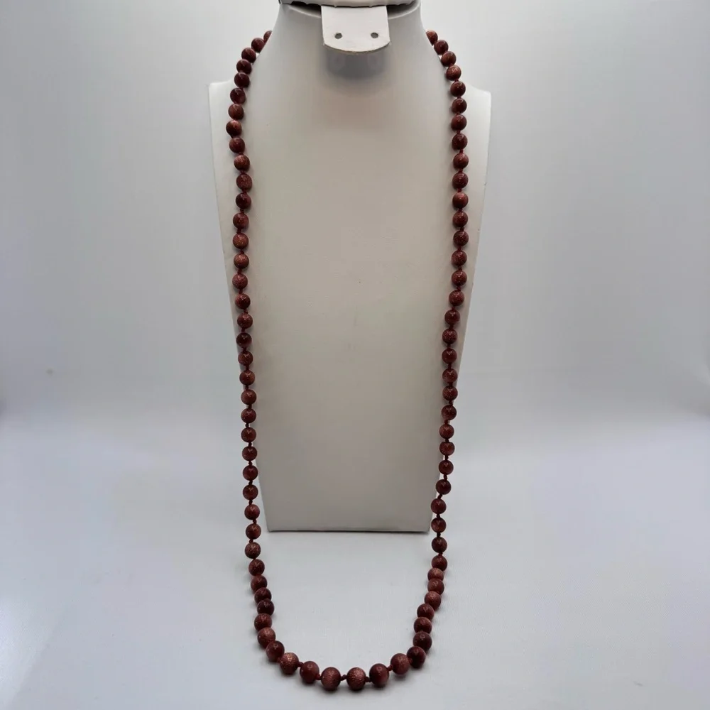 Goldstone Beaded Necklace Long Brown Sparkle Gemstone Strand Boho Statement